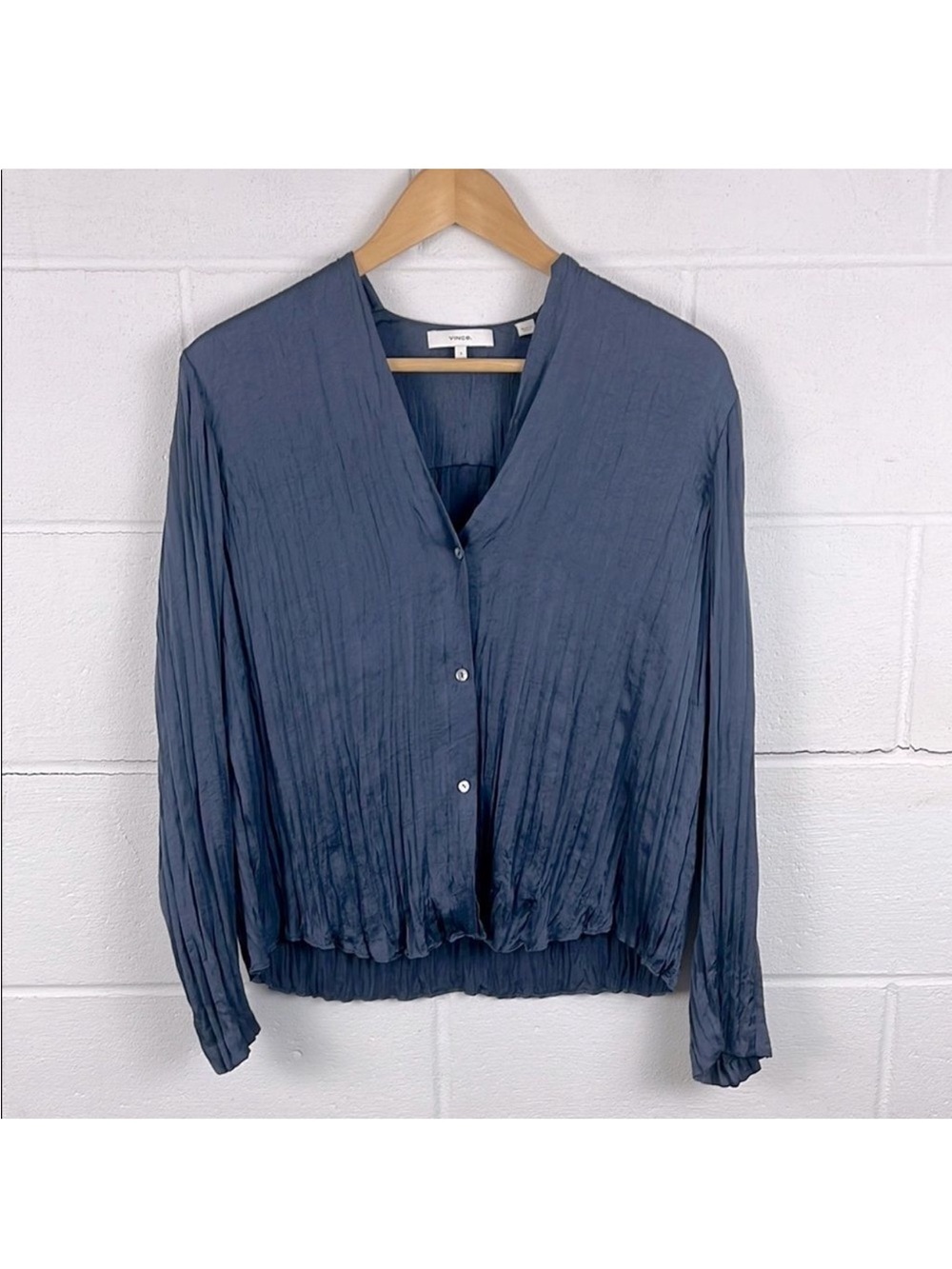 Vince Slate Blue Crinkled Button-Front Blouse